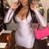 2024 Long Sleeve Low Cut Sexy Women Dress Solid Color V Neck Summer Bodycon Short Dresses Y2k Slim Party Club Clothes 30580