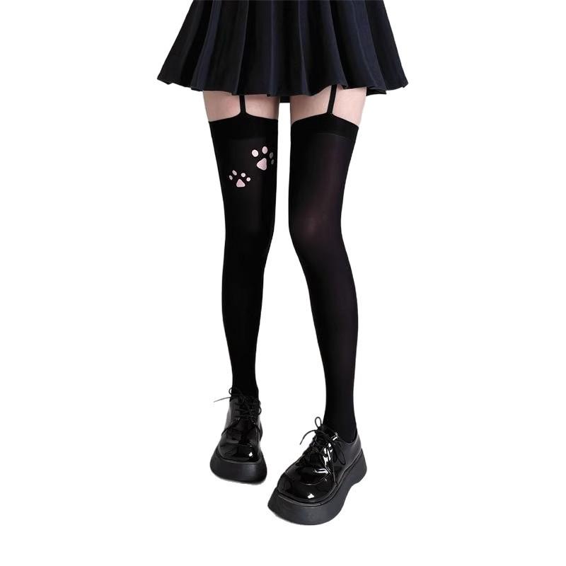Cat Paw Print Sexy Over-the-Knee Socks with Straps Summer Thin Velvet Long Stockings