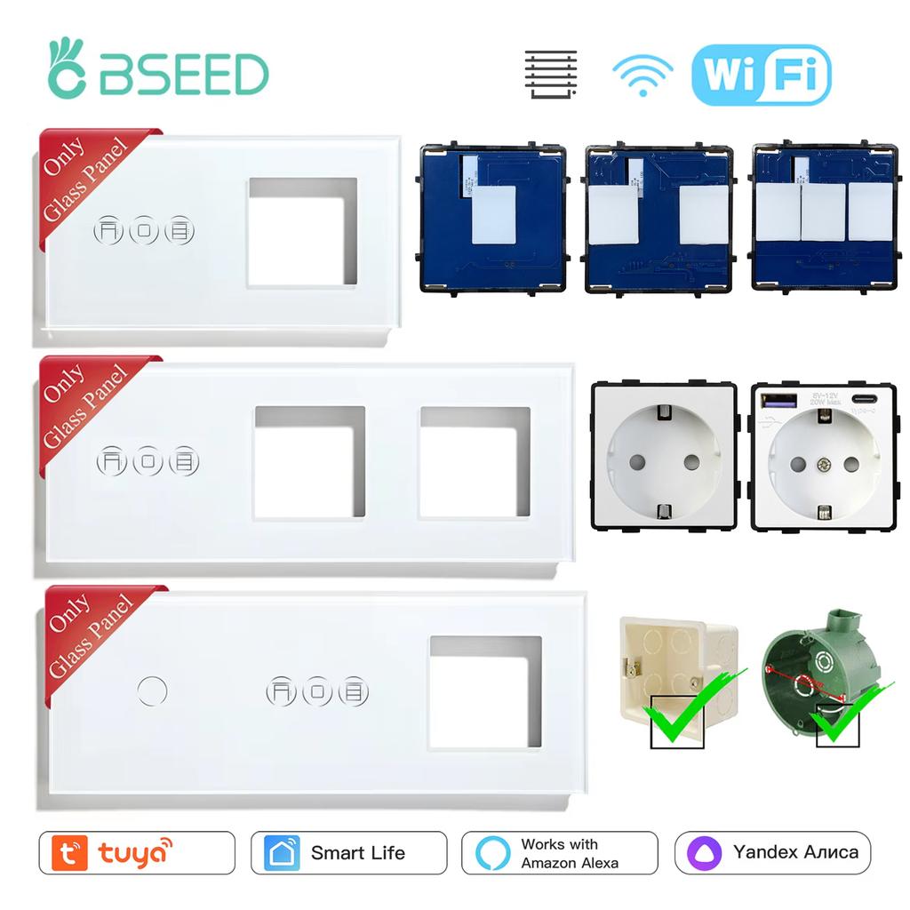 BSEED Wifi Выключатель для рулонных штор и 1/2/3-клавишные выключатели света EU/Французский тип Разъем USB Type-c Функция DIY Компоненты Стеклянная передняя панель