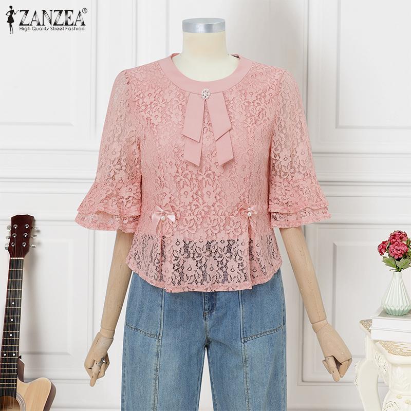 ZANZEA Женская летняя блузка с круглым вырезом, рукавом до локтя и кружевной вставкой