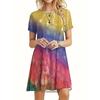 Fashion Womens Loose Colour Print O Neck Short Sleeve Loose Streetwear A-line Dress