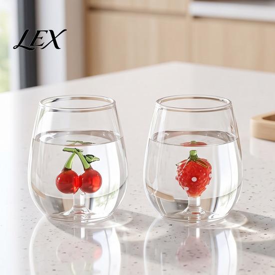 Cute Glass Cups with 3D Fruit Ornaments Clear Drinking Cup And Christmas Holiday Ornaments, Handmade Decorative Mugs Heat Resistant Borosilicate
