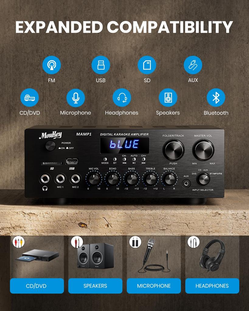 Moukey MAMP1 Power Amplifier System with Microphone 220W Bluetooth Dual Channel Sound Audio Stereo Receiver with MIC LCD for Home Theater