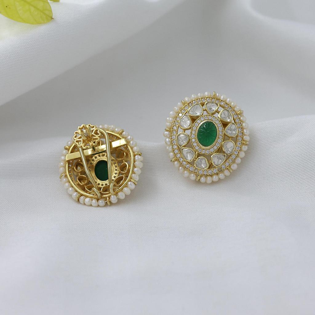 Kundan Gold Plated Stud Earring 925 Sterling Silver Jewelry Handmade Moissanite Earring