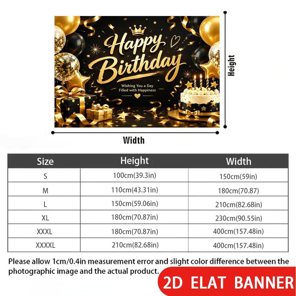 2D Flat Banner, Black and Golden Luxury Birthday Backdrop, Crown, Cake, Balloons, Gift Box, Stars