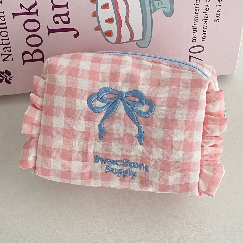 Large Capacity Travel Toiletry Bag Ruffle Edge Checkered Coin Purse Portable Women Cosmetic Bag