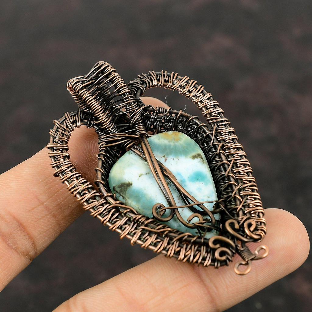 Подвеска из ларимара, кулон из медной проволоки, кулон с драгоценным камнем, ювелирные изделия из медной проволоки, кулон ручной работы, натуральный ларимар, ювелирные изделия, подарок для него