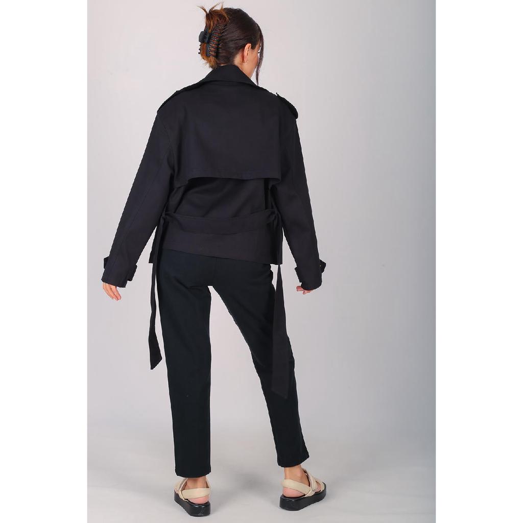 Women's Black Belted Short Trench Coat