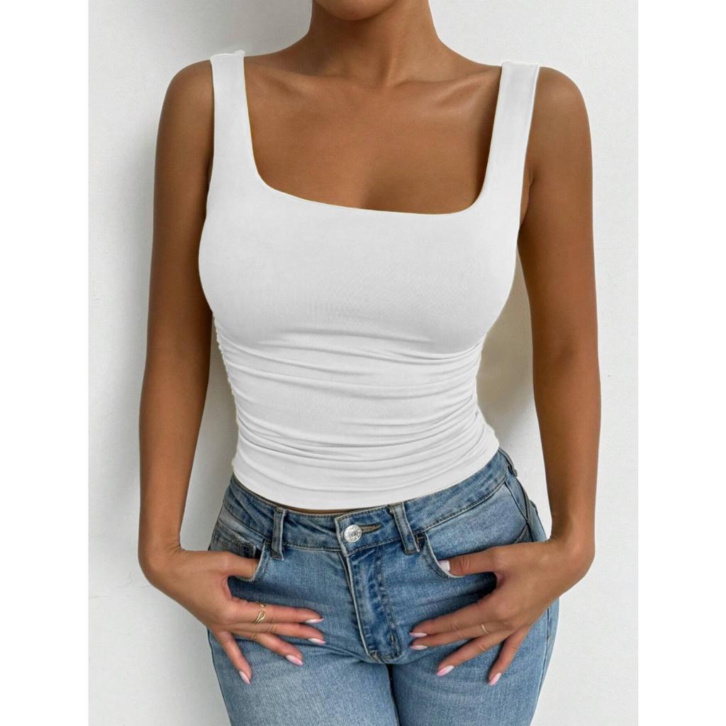 Women's Sleeveless Camisole Vest with Square Neckline, Casual Basic Style, Exposed Navel Top