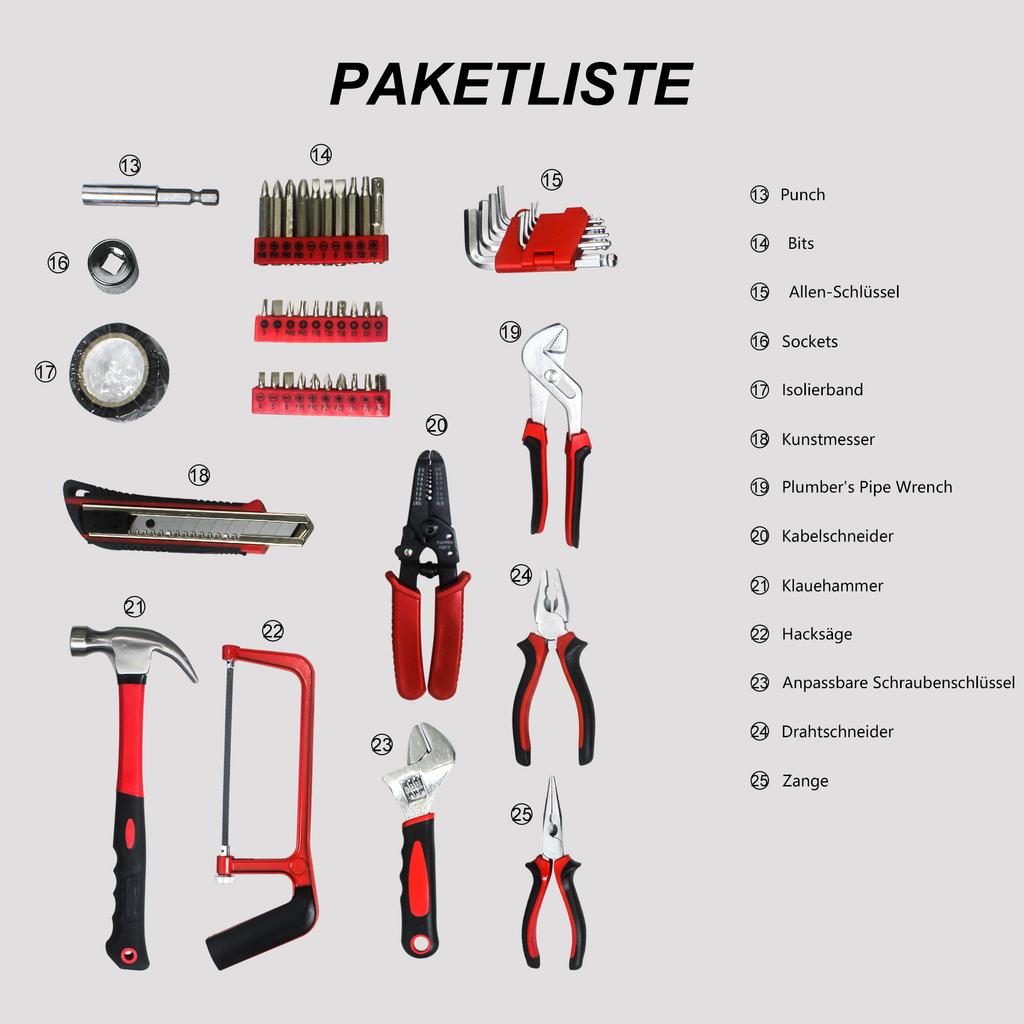 Black hand tool set, tool group with 238 pieces