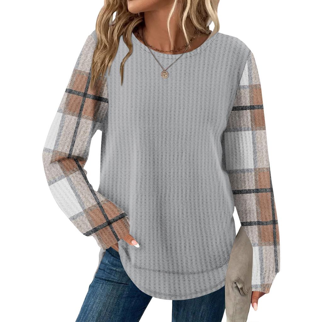 Женский повседневный топ свободного кроя с круглым вырезом и длинными рукавами в клетку