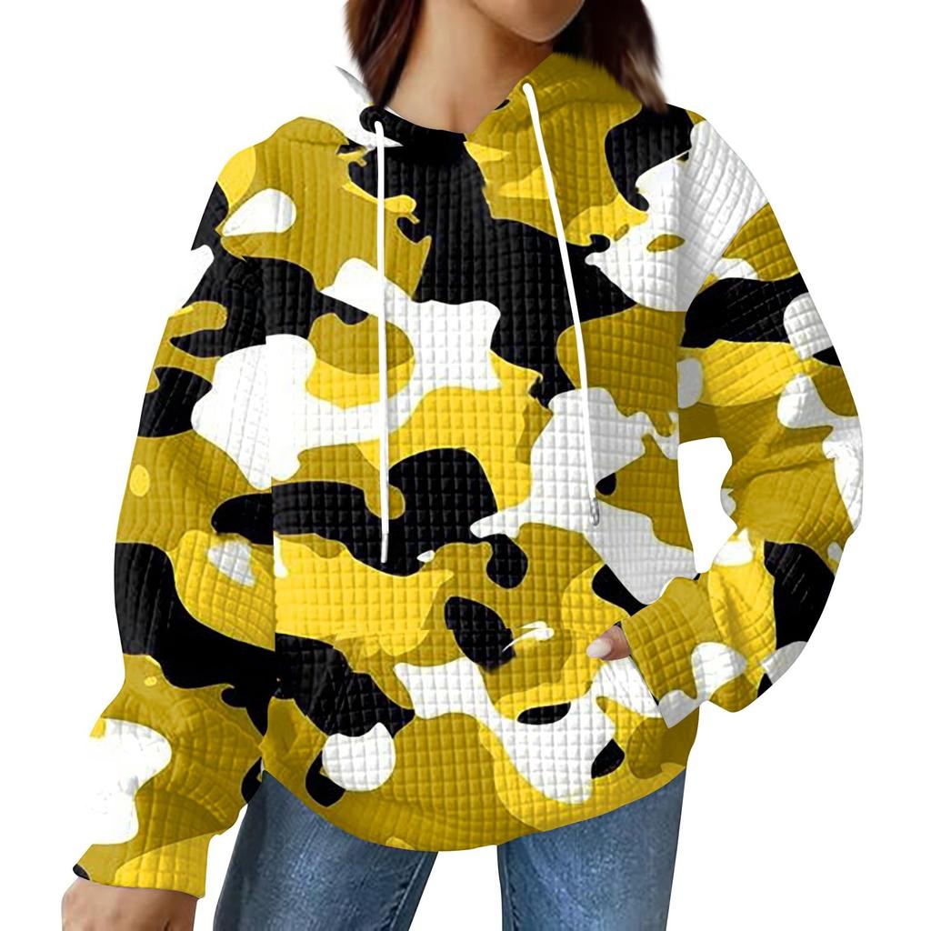 Women's Fashionable Loose Fitting Hooded Pullover, Long Sleeved Sportswear, Camouflage Printed Top, Daily Hoodie
