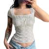 FASHION Women Summer T-Shirt, Lace Splicing Square-Neck Short Sleeve Crop Tops Camisole for Girls, S/M/L, Pink