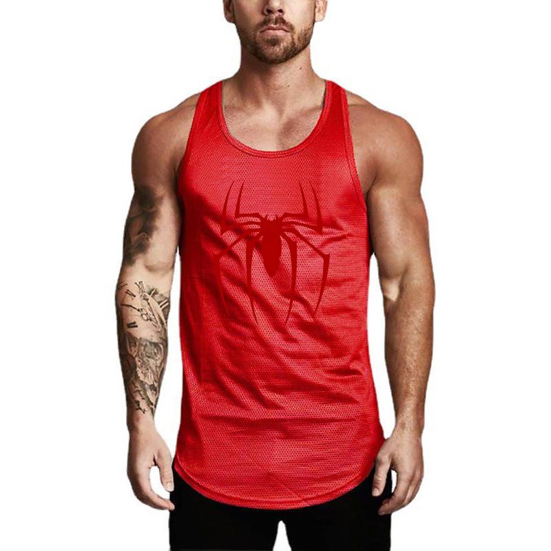 Muscleguys Red Spider Printed Gym Bodybuilding Summer T-shirts Mesh Breathable Quick Dry Sleeveless Vests Mens Workout Fitness Slim Fit Tank Tops