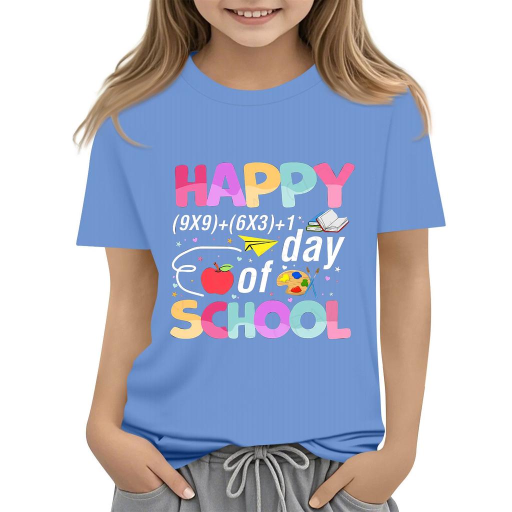 Kids Fashion Casual Short Sleeve 100 Day School Anniversary Printed Round Neck T-Shirt Top