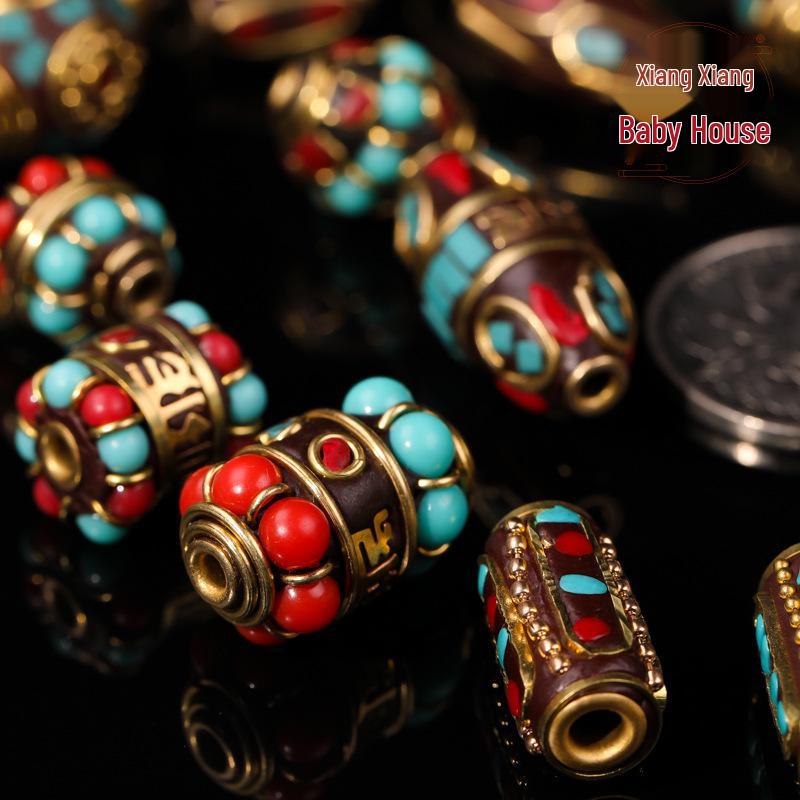 Nepal Six-Syllable Mantra Brass-Inlaid Spacer Beads for DIY Buddhist Rosary