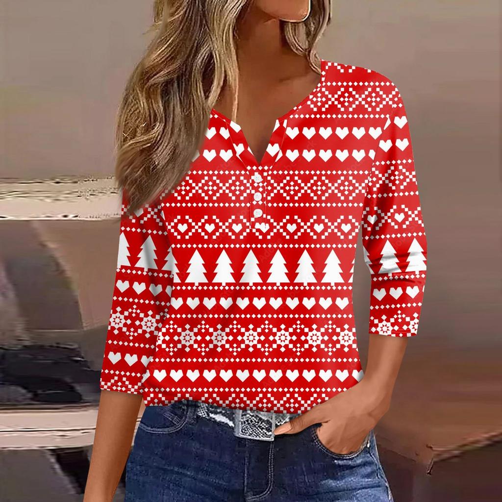 Women's T Shirt Tee Christmas Print Button 3/4 Sleeve Daily Weekend Fashion Basic V Neck Regular Top