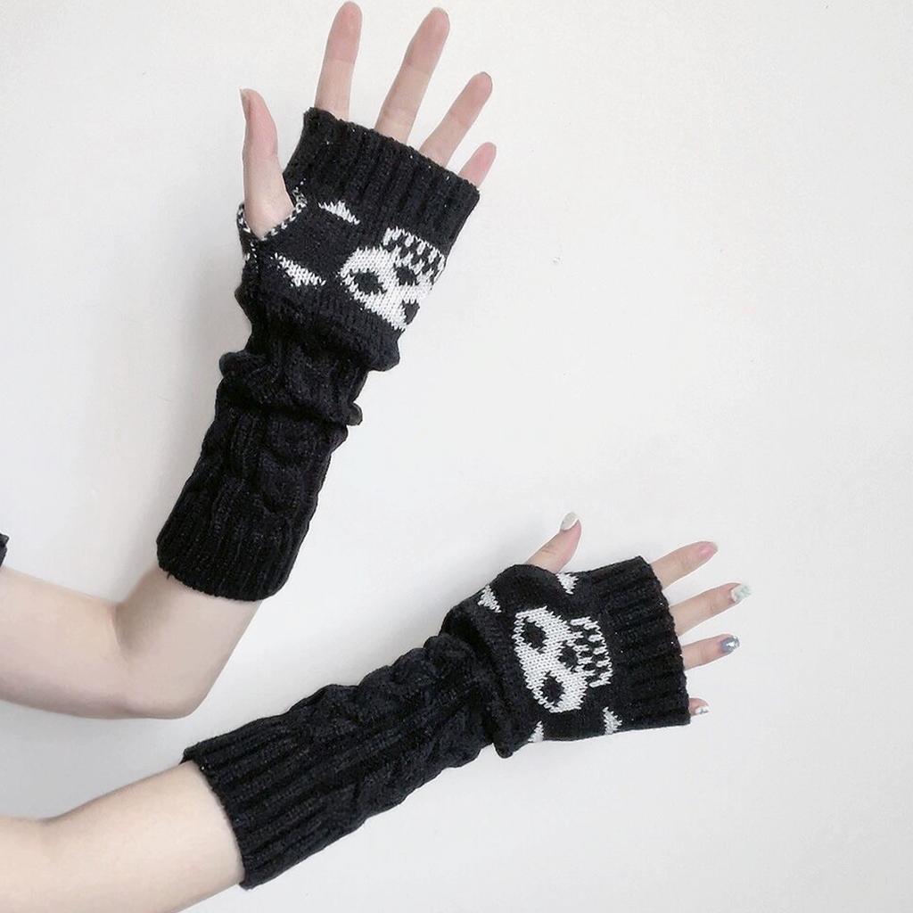 Y2K панк харадзюку скелет готические черные вязаные плиссированные перчатки в сочетании с рукавами для зимнего тепла