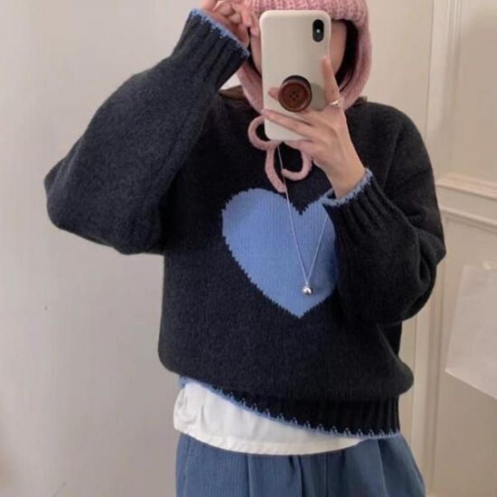 Navava Women Warm Heart Color Matching Round Neck Long Sleeve Knit Sweater Nk345