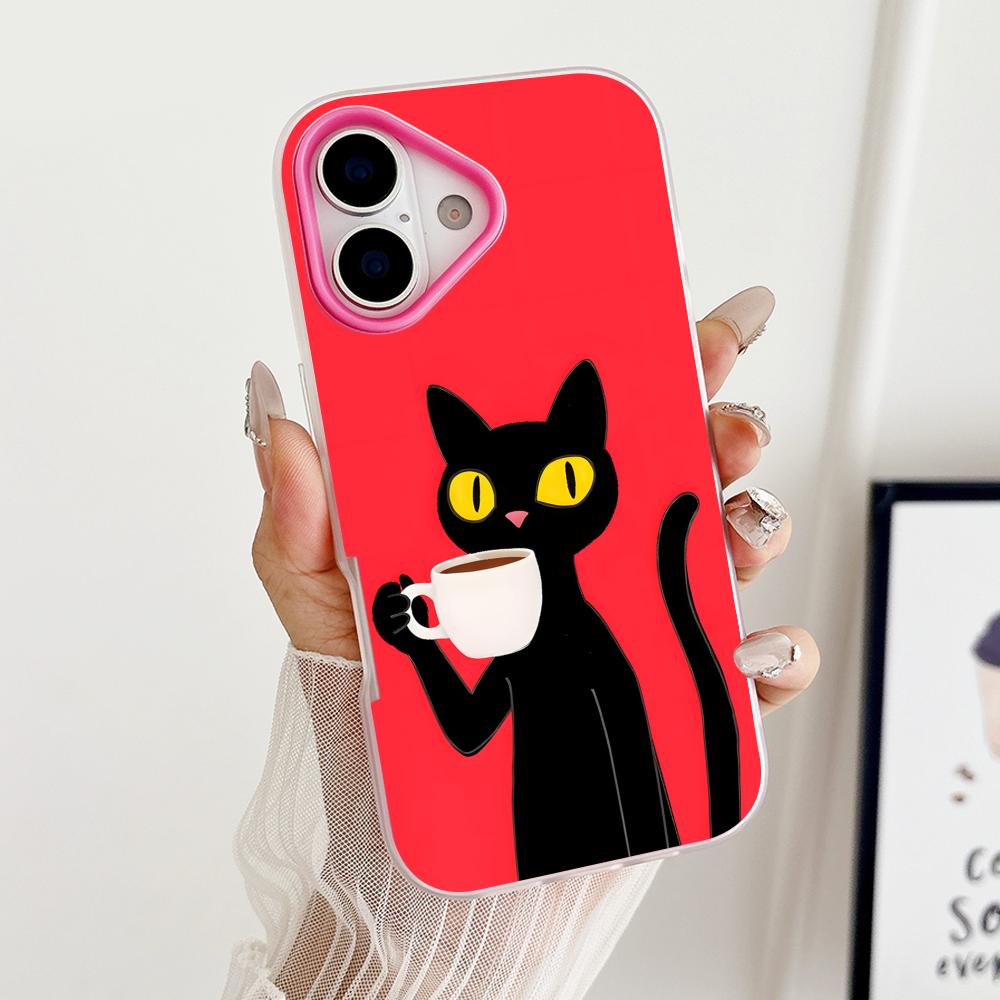 Милый Кофе Кот Желе Двухслойный Розово-Красный Чехол для Телефона iPhone 17 16 15 14 13 12 11 Air Pro Max Plus Защитный