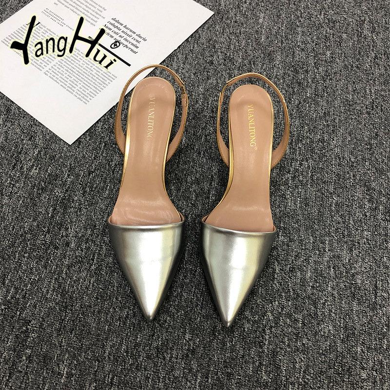 Темпераментные серебристые туфли с острым носком для вечеринок, изящные туфли на высоком каблуке 2024 года, новые модные современные сандалии из искусственной кожи, лето
