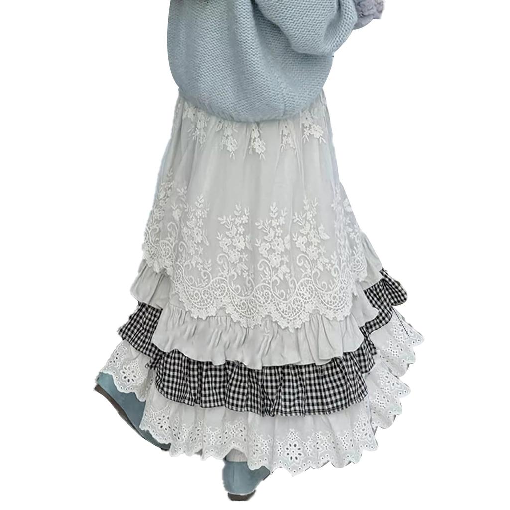 LAVASEON Милая длинная юбка с кружевом и цветочным и вышитым многоярусным узором в клетку, в стиле мори-гёрл, высокая, зимняя, с оборками, женская, массового производства, в школьном стиле,