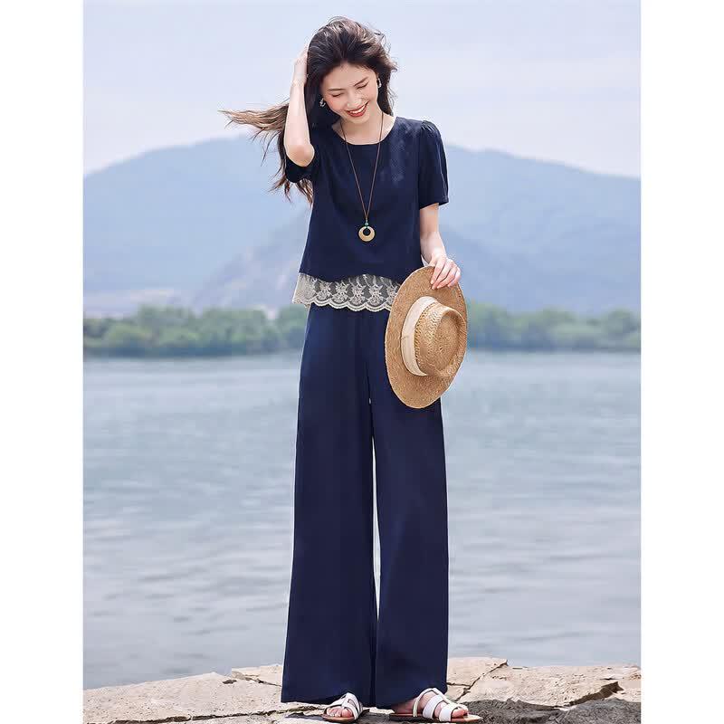 Women's Lace-Spliced Linen Blend Two-Piece Pants Set