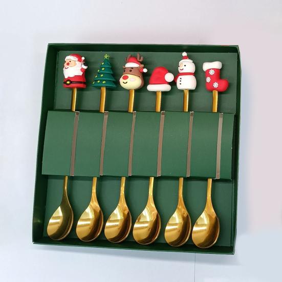Набор рождественских ложек из нержавеющей стали, тематика «Елка, Санта, Звезда», ложки для перемешивания кофе, праздничная кухонная утварь с подарочной коробкой