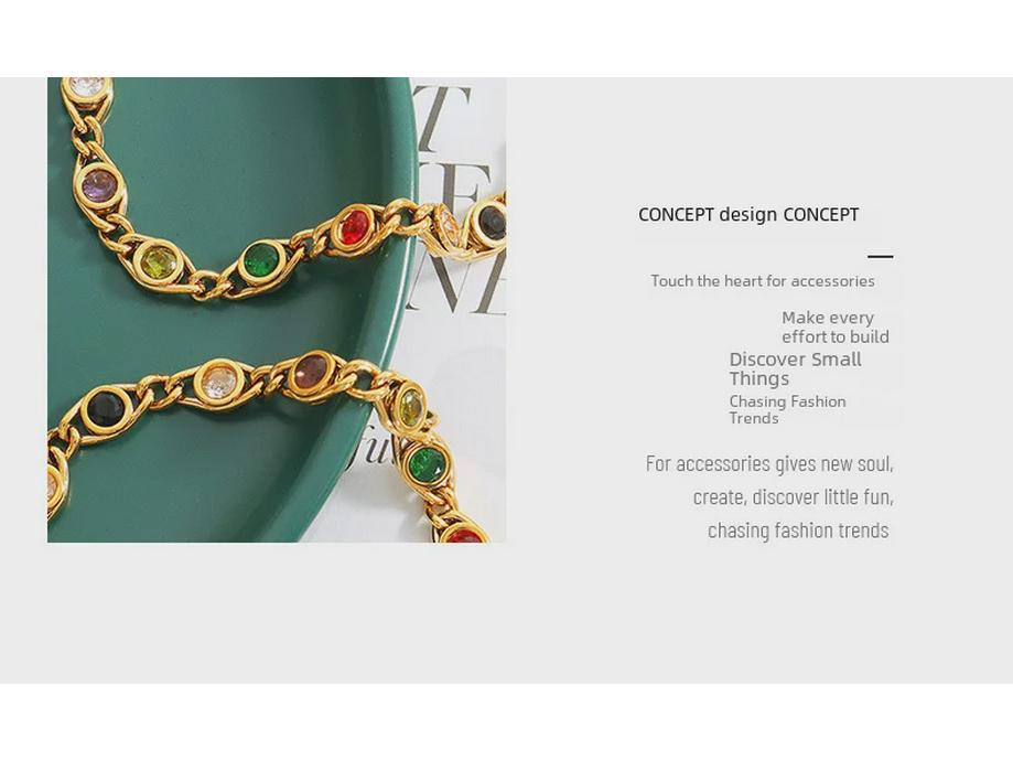 Colorful Zircon Fisheye Necklace & Bracelet Set with Copper Chain