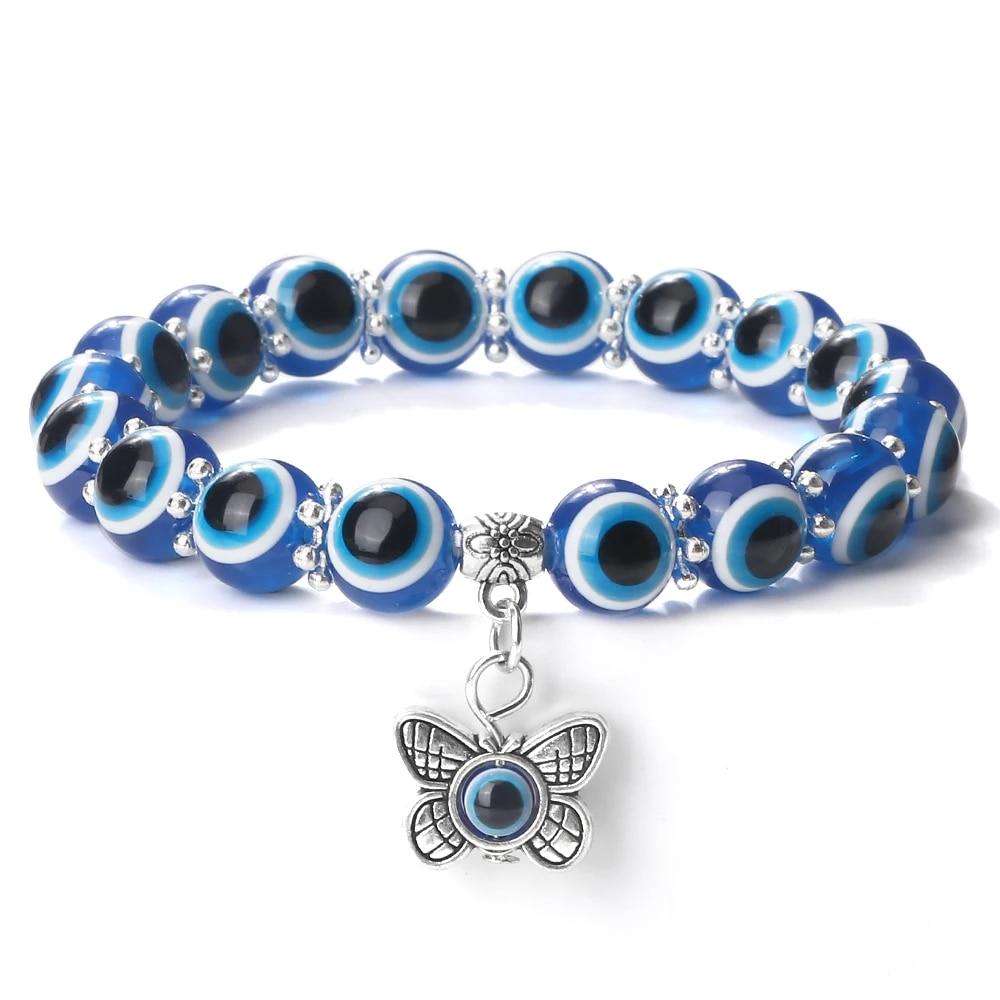 10mm Lucky Blue Evil Eye Bracelet Palm Butterfly Owl Elephant Pendant Charm Crystal Resin Beaded Bracelets for Women Men Jewelry