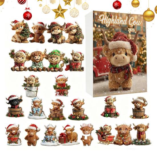 Адвент-календарь с шотландской коровой 2025 24 дня Календарь обратного отсчета до Рождества с украшениями в виде шотландской коровы для рождественской елки, домашнего декора