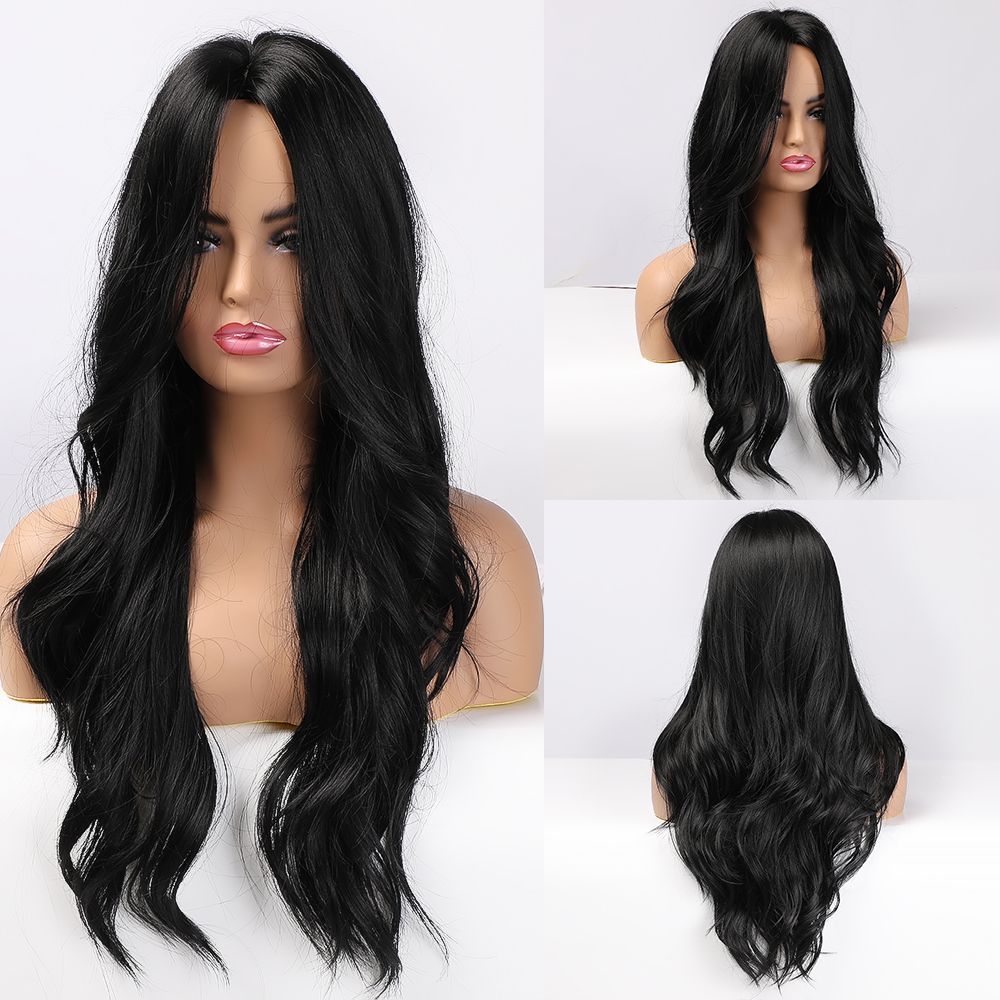 ALAN EATON Long Black Wavy Synthetic Wigs for Black Women Long Natural Wigs With Bangs Heat Resistant Daily Cosplay Fake Hair Wig