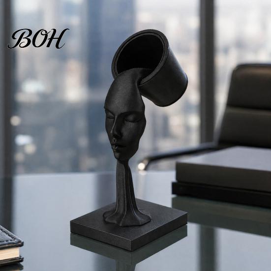 Minimalist Face Sculpture Abstract Human Sculpture, Surrealism Artistic Statue, 3D Printed Figurine Modern Black Floating Bucket for Home Table Shelf