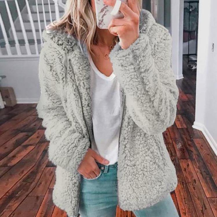 Women's Winter Warm Sherpa Fleece Jacket Hooded Windproof Plush Coat Casual Zip Up Cardigan Solid Color Short Jacket for Cold Weather