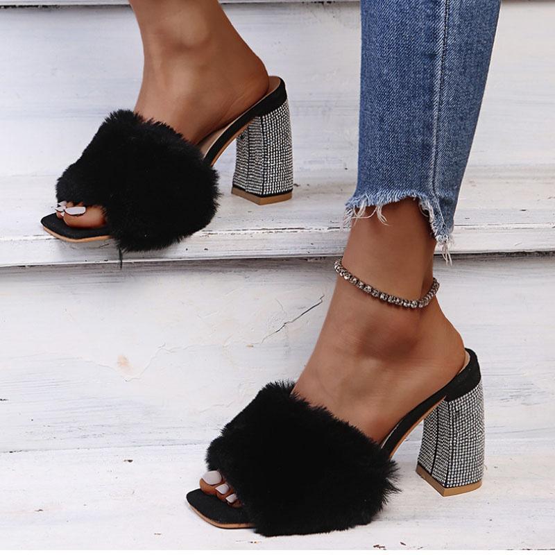 Thick Heel Pink Fuzzy Slippers for Women Silver Rhinestone High Heel Sandals Sexy Ladies Party Shoes