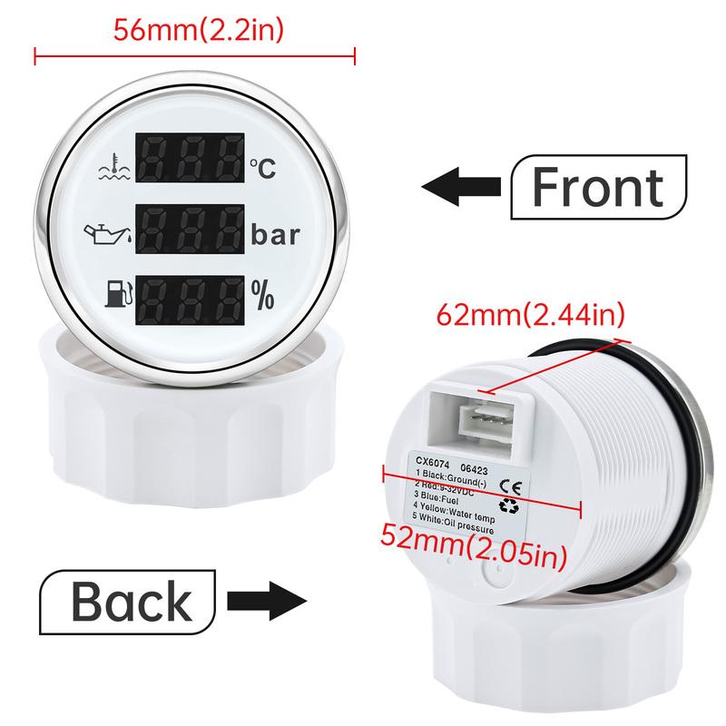 ZMFJH Multi 52MM Gauge Digital Water Temperature+Oil Pressure Meter+Fuel Level Gauge with Alarm Red Light Oil Sensor 100-550mm