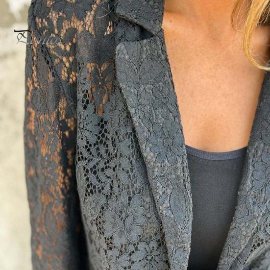 Женский пиджак с кружевным дизайном, лацканами, длинным рукавом, однотонный, элегантный пиджак, деловая верхняя одежда, повседневная одежда