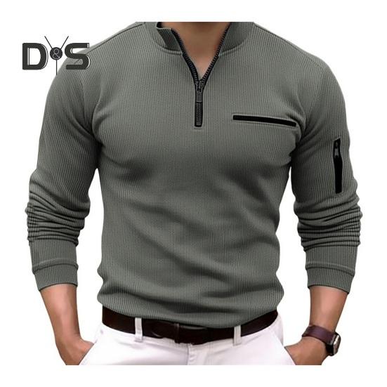 Осенне-весенняя мужская рубашка на молнии с полуоткрытым воротником-стойкой, однотонная, формальная, деловая, эластичная, для офиса, встреч, повседневная