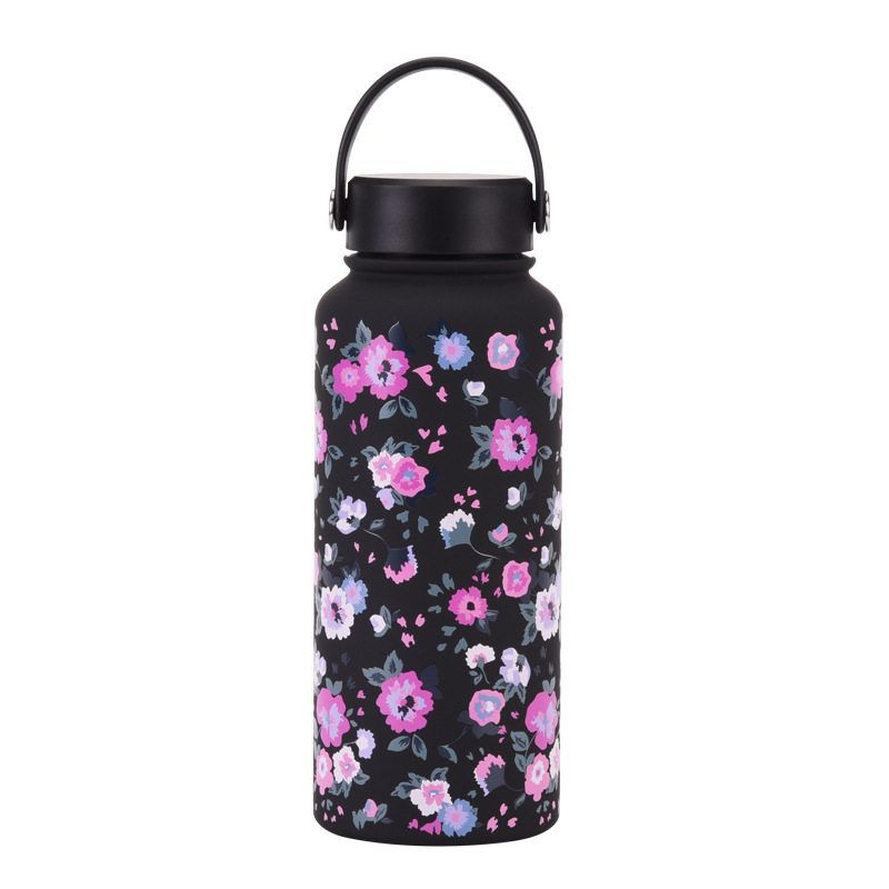 2025 New Model 1L Large Capacity Thermos Cup with Wide Mouth, Portable Handle, Sports Water Bottle, Outdoor Printed Water Cup for Women
