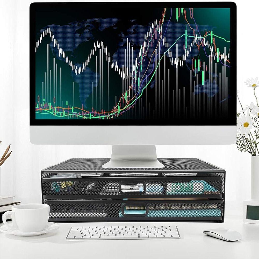 Черная металлическая сетка для компьютерного монитора, подставка для стола, двойной выдвижной ящик для хранения, канцелярские товары