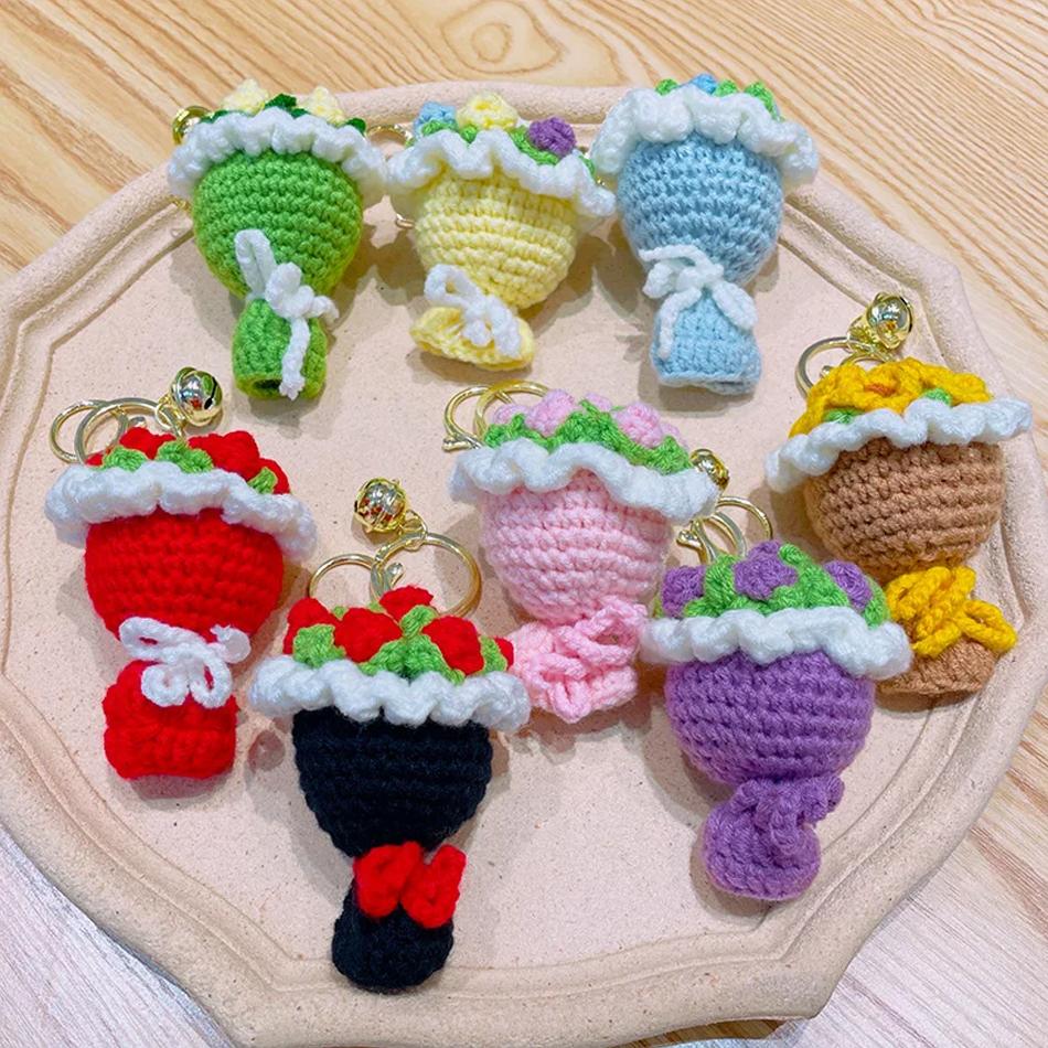 Cute Crochet Flowers Handmade Knitted Crochet Bouquet Keychain Ring Bag Hanging Pendant Ornament for like friend Gift