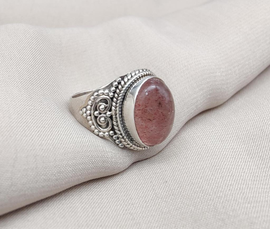 Strawberry Quartz 925 Sterling Silver Ring: Handmade Boho Gemstone Jewelry
