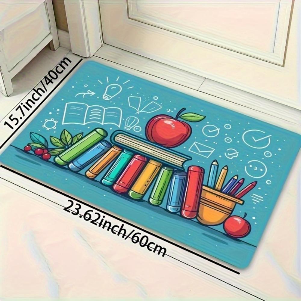 Cartoon Books Learning Theme Area Rug, Educational Pattern Non-Slip Floor Mat, Washable Carpet for Laundry Bathroom Playroom