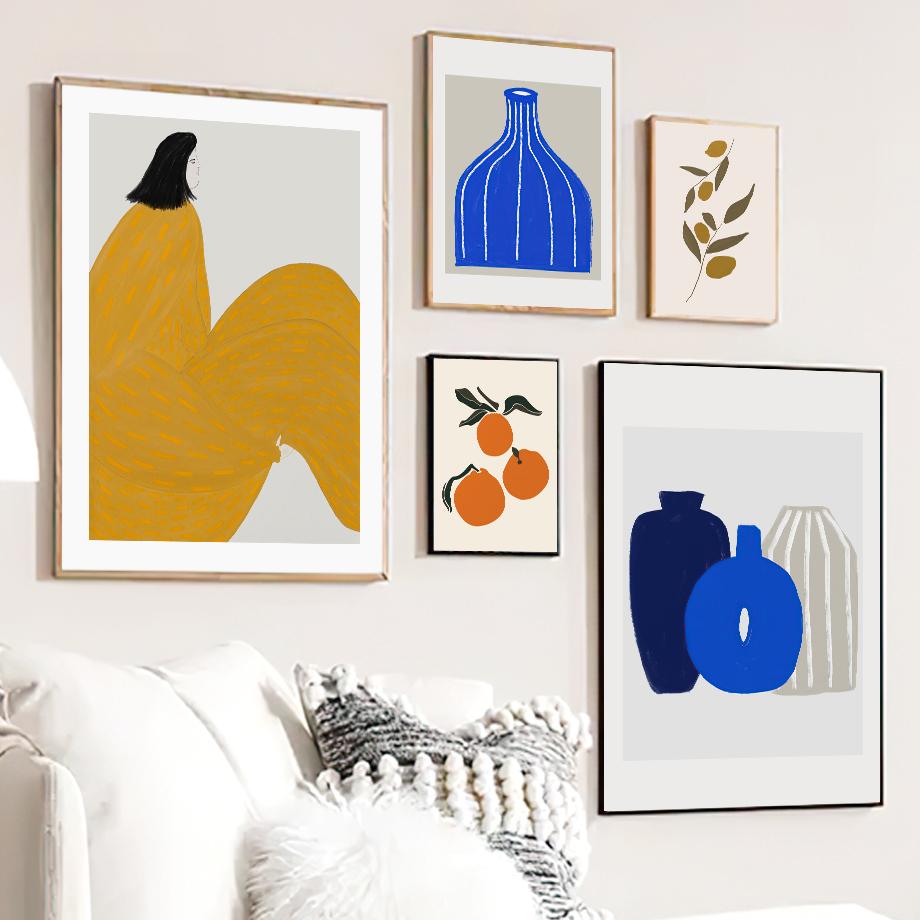 Груши, апельсины, фрукты, листья, столовые приборы, ваза, настенное искусство, печать на холсте, живопись, линии, постеры, рисунок девушки, фотографии для декора гостиной