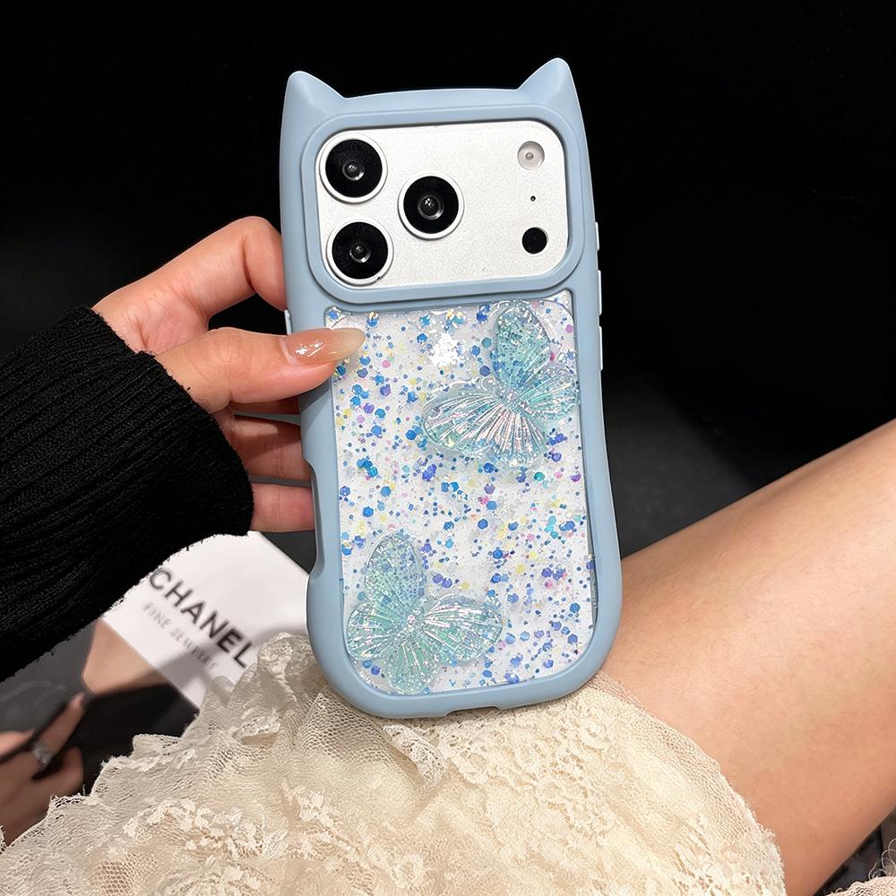 Милый Чехол-Подвеска с Ушками Кошки и Бабочкой Прозрачный для iPhone 17e 16 15 14 13 12 Pro Max 17 Air 11 Большое Окно Мягкие Края
