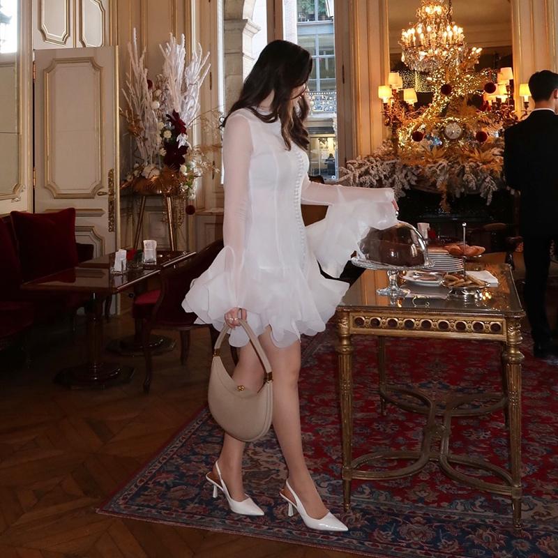 Elegant Ruffles Single Breasted Ruffles Mini Dress Women Flared Sleeve High Waist O-neck Dresses 2025 Lady Party Gowns New