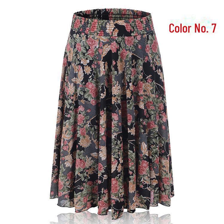 Women's Summer Floral Ice Silk Pleated Skirt - Mid-Length with Elastic Waist