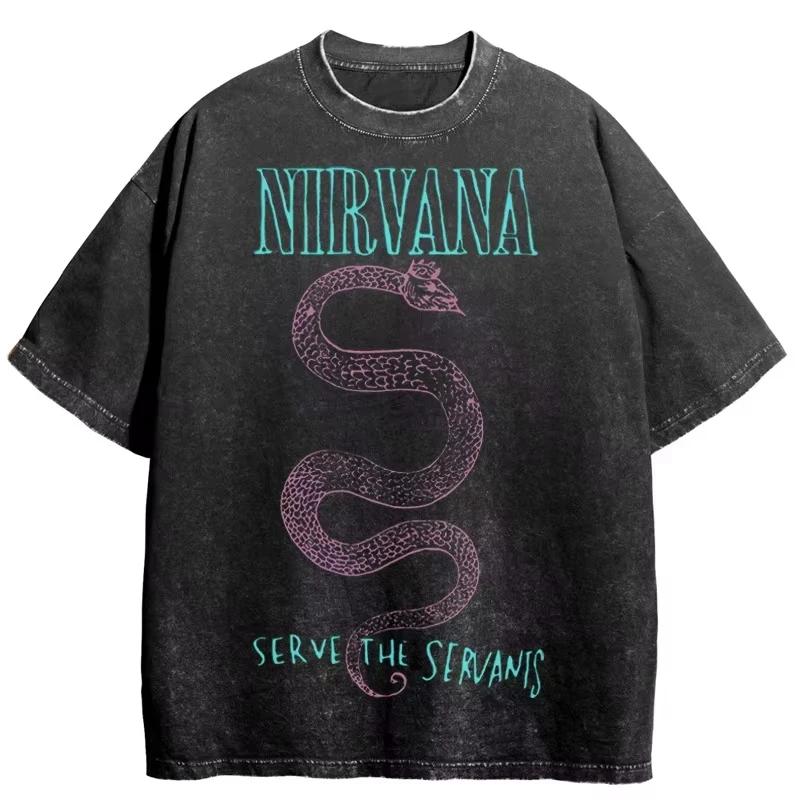 Nirvana rock band mens Retro cotton Washed Tee In Utero album man Womens oversized Y2K distress Tshirt Casual Loose streetwear
