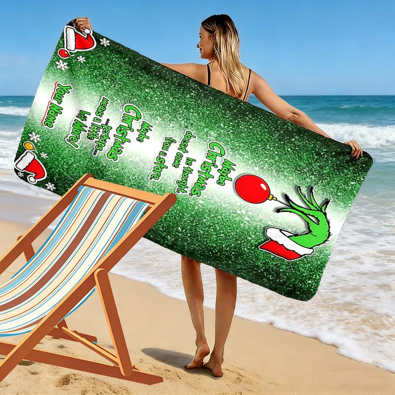 Name Custom Christmas Monster Print Beach Towel, Large Soft Quick Dry Towel for Beach Camping Swimming