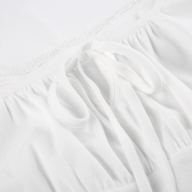 Bandage Folds Square Collar Crop Top Women Fairycore Y2k White T Shirts Basic Knitted Elegant Tees Vintage 2000s Clothing